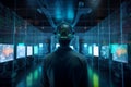 Male technician standing facing a virtual environment with big data and an artificial intelligence circuit board Royalty Free Stock Photo