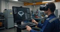 Male technician wearing virtual reality (VR) headset operates a computer workstation Royalty Free Stock Photo