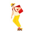 Male teenage courier riding on skateboard with box backpack food and goods delivery service