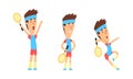 Male Tennis Player Character in Various Poses Set, Athlete in Sports Uniform Playing Tennis with Racket and Ball Cartoon Royalty Free Stock Photo