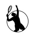 Male Tennis Player with Racquet Serving Silhouette Circle Retro Retro Black and White