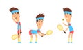 Male Tennis Player in Various Actions Set, Athlete in Sports Uniform Playing Tennis with Racket and Ball Cartoon Vector Royalty Free Stock Photo