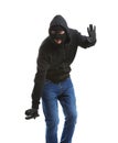 Male thief with gun on white background