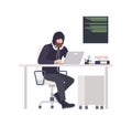 Male thief or hacker wearing black clothes, sitting at desk, hacking computer and stealing personal information. Cyber