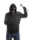 Male thief with hammer showing silence gesture on white background