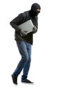 Male thief with laptop on white background