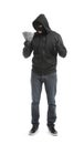 Male thief with money on white background