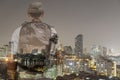 Male tourist with Back packer standing and looking city, double Royalty Free Stock Photo