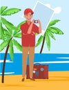 A male tourist with a camera on a sightseeing tour. Vector illustration