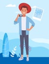 A male tourist with a camera on a sightseeing tour. Vector illustration