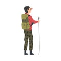 Male Tourist Character, Back View of Man with Backpack and Wooden Staff Looking into Distance Cartoon Style Vector