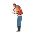 Male Tourist Character Hiking on Nature, Back View of Man with Backpack, Summer Adventure Trip Cartoon Style Vector