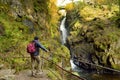 Male tourist enjoying famous Aira Force waterfall on Aira Beck stream, located in the Lake District, Cumbria, UK