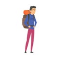 Male Tourist Standing with Backpack, Man Going on Summer Vacation, Hiking, Adventures, Active Recreation Vector Royalty Free Stock Photo