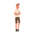 Male Tourist Standing with Folded Hands, African Safari Travel, Cartoon Vector Illustration on White Background