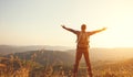 Male tourist on top of mountain in fog in autumn Royalty Free Stock Photo