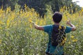 Male tourists walk into the Sunn hemp flower or Crotalaria juncea.