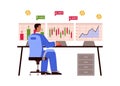 Male trader checking stock exchange graphs on multiple computer screens, flat vector illustration isolated on white.