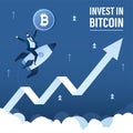 Male trader holds bitcoin. Businessman flying up on rocket. Invest in bitcoin. Fast growth of bitcoin rate, earnings on