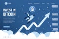 Male trader holds bitcoin. Businessman flying up on rocket. Invest in bitcoin. Fast growth of bitcoin rate, earnings on