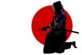 Male in tradition kendo armor with Samurai sword katana on red moon and white background. Royalty Free Stock Photo