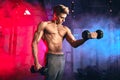 Male trainer with muscular torso holding dumbbells in hands at cross fit gym Royalty Free Stock Photo