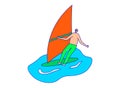 Male training windsurfing on ocean surface water, people exercise sea workout, man vacation line flat vector