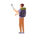 Male Travel Blogger with Backpack Talking Photo or Recording Video Using Smartphone Cartoon Vector Illustration