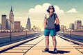 A male traveler is standing on a high-speed rail bridge in the city. Comic style Generative AI