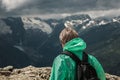 Male traveller and summer mountain stormy Royalty Free Stock Photo