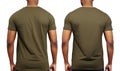Male tshirt template front and back view isolated on white background, Male model wearing a dark olive color VNeck tshirt on a Royalty Free Stock Photo