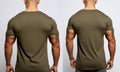 Male tshirt template on a mannequin, front and back view, Male model wearing a dark olive color VNeck tshirt on a White background Royalty Free Stock Photo
