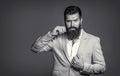Male in tuxedo. Black and white. Man in suit. Male beard and mustache. Elegant man in business suit. Sexy male, brutal Royalty Free Stock Photo
