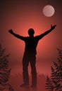 Male vampire with outstretched arms on bloody sky