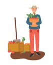 Farming Male with Basket of Carrots Vegetables