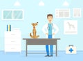 Male Veterinarian Doctor Examining Dog on Table in Vet Clinic, Professional Veterinary Consultation Concept Flat Vector Royalty Free Stock Photo