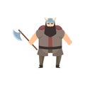 Male viking with strong physique and bellicose air stands holding battle-axe over white background