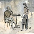 Male visitor and waiter in cafe. Watercolor monochrome sketch. Vector illustration.