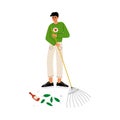 Male Volunteer Gathering Garbage and Leaves on Street Using Rake, Volunteering, Ecological Lifestyle Vector Illustration