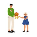 Male Volunteer Giving a Girl Lion Toy, Volunteering, Charity and Supporting People Vector Illustration