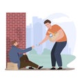 Male volunteer help homeless giving food at city street vector flat illustration Royalty Free Stock Photo