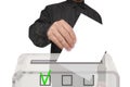 Male voter drops a blank ballot in a transparent ballot box, concept of state elections, referendum Royalty Free Stock Photo