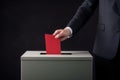 Voter hand put in bulletin in voting box. Elections concept. Generative AI