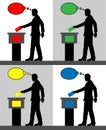 Male voter silhouettes with different colored thought bubble by