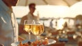 Indistinguishable Male Waiter Serving Champagne on Summer Beach, Generative AI