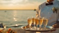 Indistinguishable Male Waiter Serving Champagne on Summer Beach, Generative AI