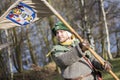 Male warrior who is proudly holding his flag. Crest of Polna, Czech Republic