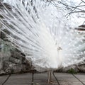 Male white peacock with spread tail-feathers Royalty Free Stock Photo