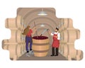 Male winemaker checks wine during fermentation process and female winemaker mixes and shakes grape pulp in large wooden vat at