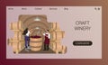 Winemakers check wine during fermentation process in wooden vat at wine cellar with oak barrels. Website design concept, landing